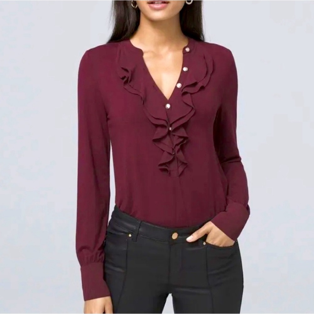 White House Black Market ruffle neck blouse, work top, long sleeve buttons Small